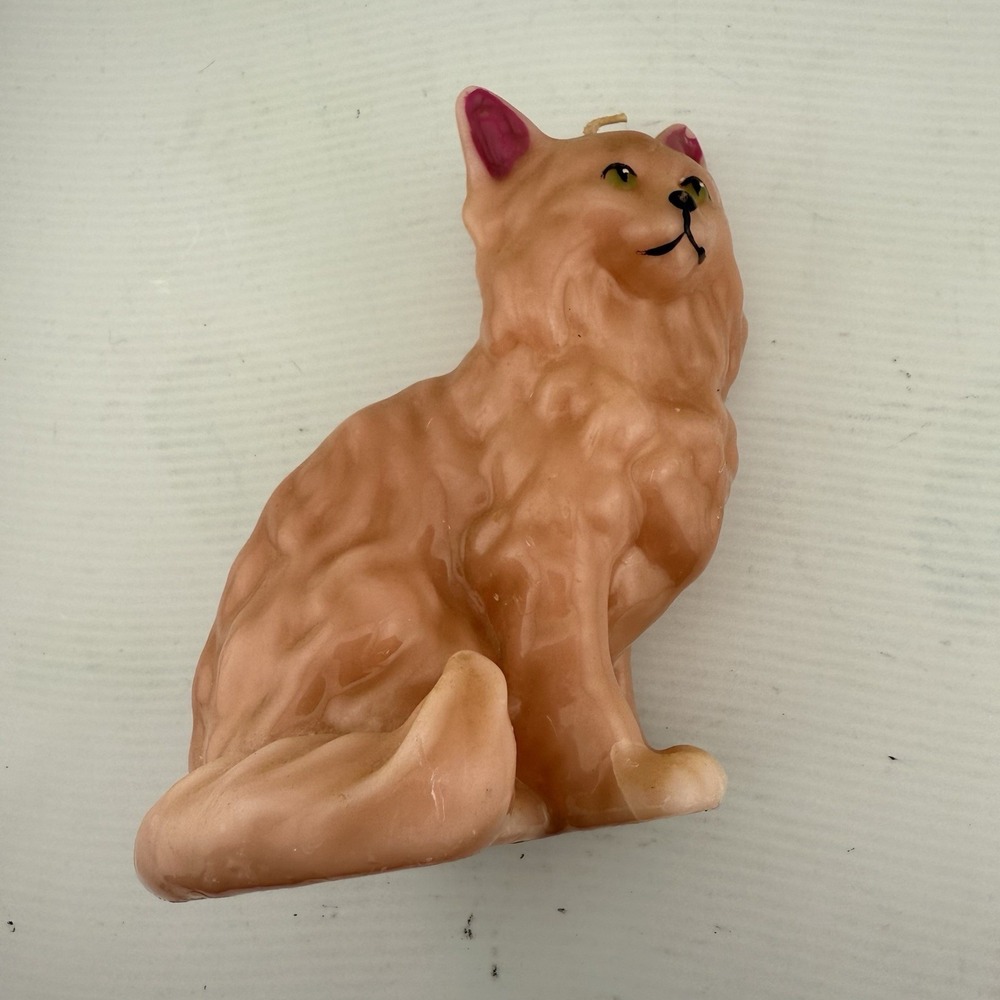 Vtg New Cat‎ Candle Salmon Long Hair Green Eyes Unburned Kitten Figurine Statue